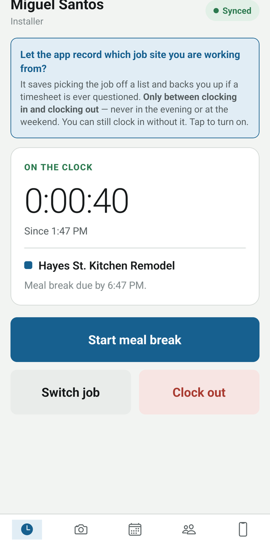 The CrewQR Time Clock app: a carpenter on the clock at the Hayes St. Kitchen Remodel, meal break due by 6:47 PM